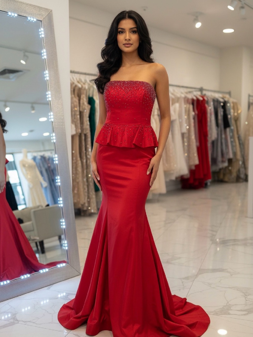 Strapless Red Peplum Beaded Mermaid Gown